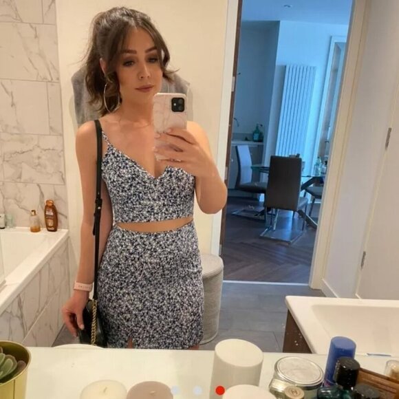 Zara 2 Piece Satin Effect Floral Skirt + Crop Tank Blue White Size Small - Picture 2 of 12